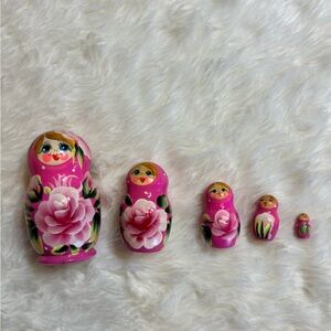 Vintage Hand Painted Wooden Matryoshka 5 Russian Nesting Dolls Pink Floral